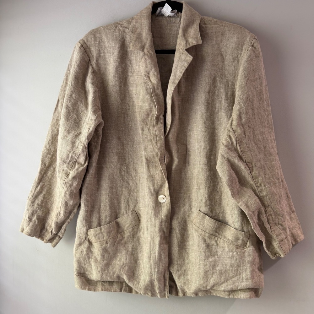 Chance Encounters Linen Blazer Womens 12 Brown Good Vintage Single Button Jacket